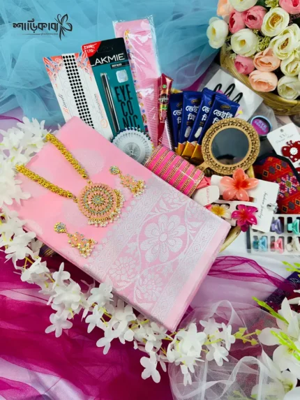 🩷 গোলাপি কাতান শাড়ি-প্রিমিয়াম ২৭টি গিফট কম্বো