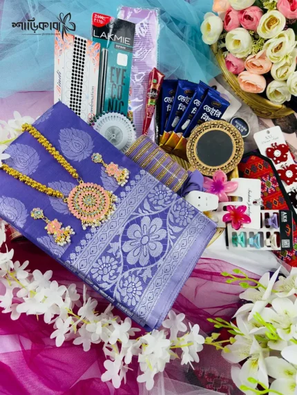 💜 ল্যাভেন্ডার কাতান শাড়ি-প্রিমিয়াম ২৭টি গিফট কম্বো