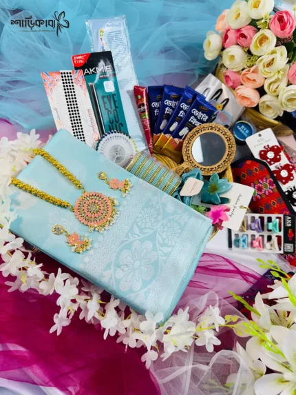 🩵 আকাশী কাতান শাড়ি-প্রিমিয়াম ২৭টি গিফট কম্বো